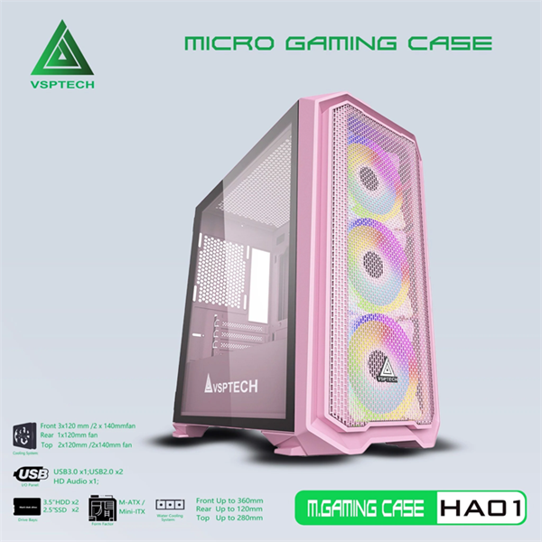 Thùng máy Case VSP Gaming HA01 Đen/ Trắng/ Xanh/ Hồng (No Fan)