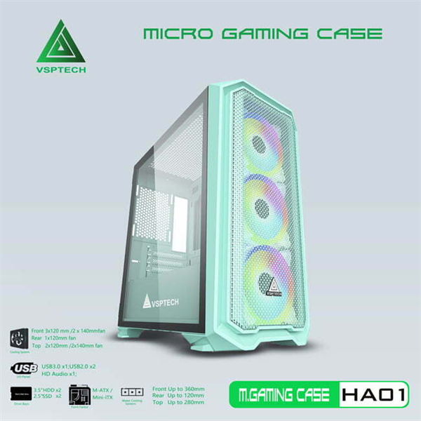 Thùng máy Case VSP Gaming HA01 Đen/ Trắng/ Xanh/ Hồng (No Fan)