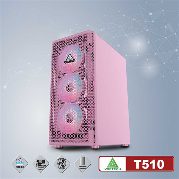 Case Gaming VSP T510 Trắng - Hồng - Đen Mặt Lưới New 100%