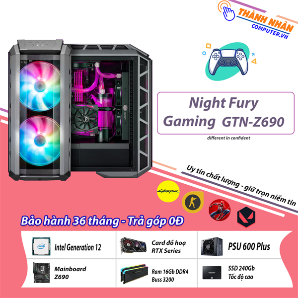 Máy bộ Night Fury Gaming GTN-Z690 Intel thế hệ 12 Ram 8Gb SSD M2 NVME 256Gb + HDD 1TB RTX Series New 100% Bảo hành 36 tháng