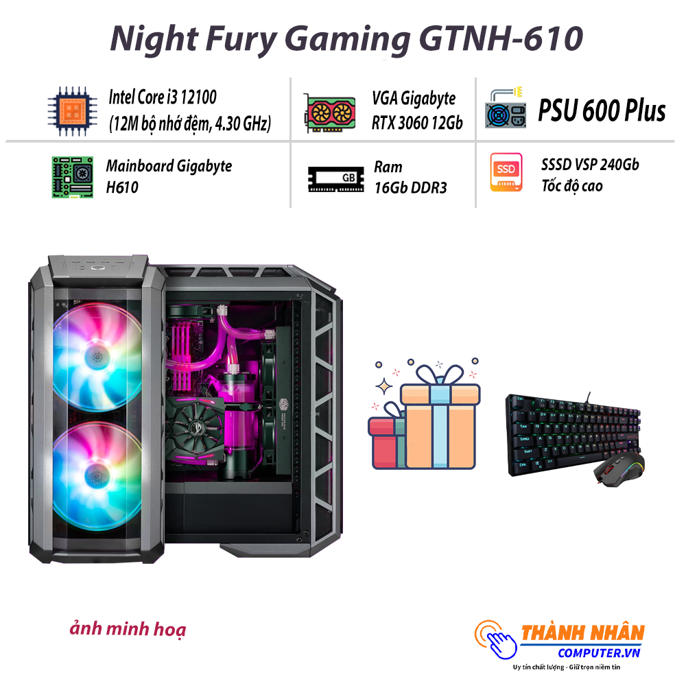 Máy bộ Night Fury Gaming GTN-Z690 Intel thế hệ 12 Ram 8Gb SSD M2 NVME 256Gb + HDD 1TB RTX Series New 100% Bảo hành 36 tháng