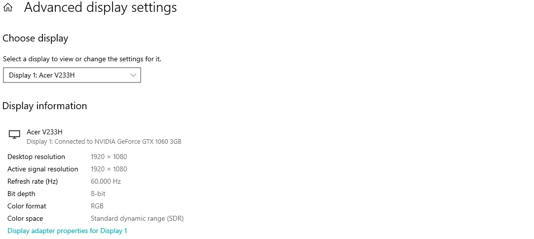 Chọn Display adapter properties for Display 1