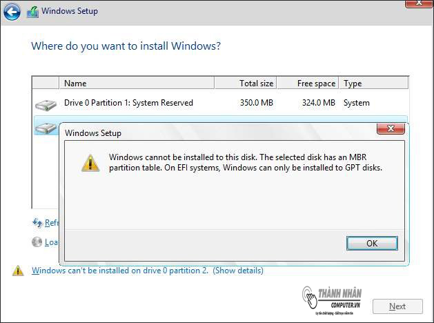 Báo lỗi Windows Cannot Be Install to a Disk